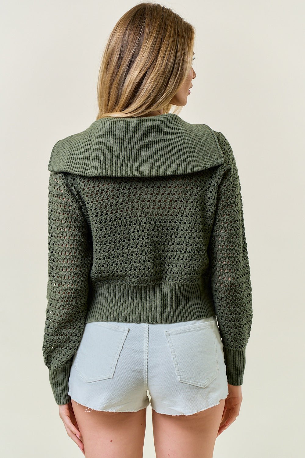 Zip - Up Pointelle Open Knit Sweater Jacket - Olive - happenstance.