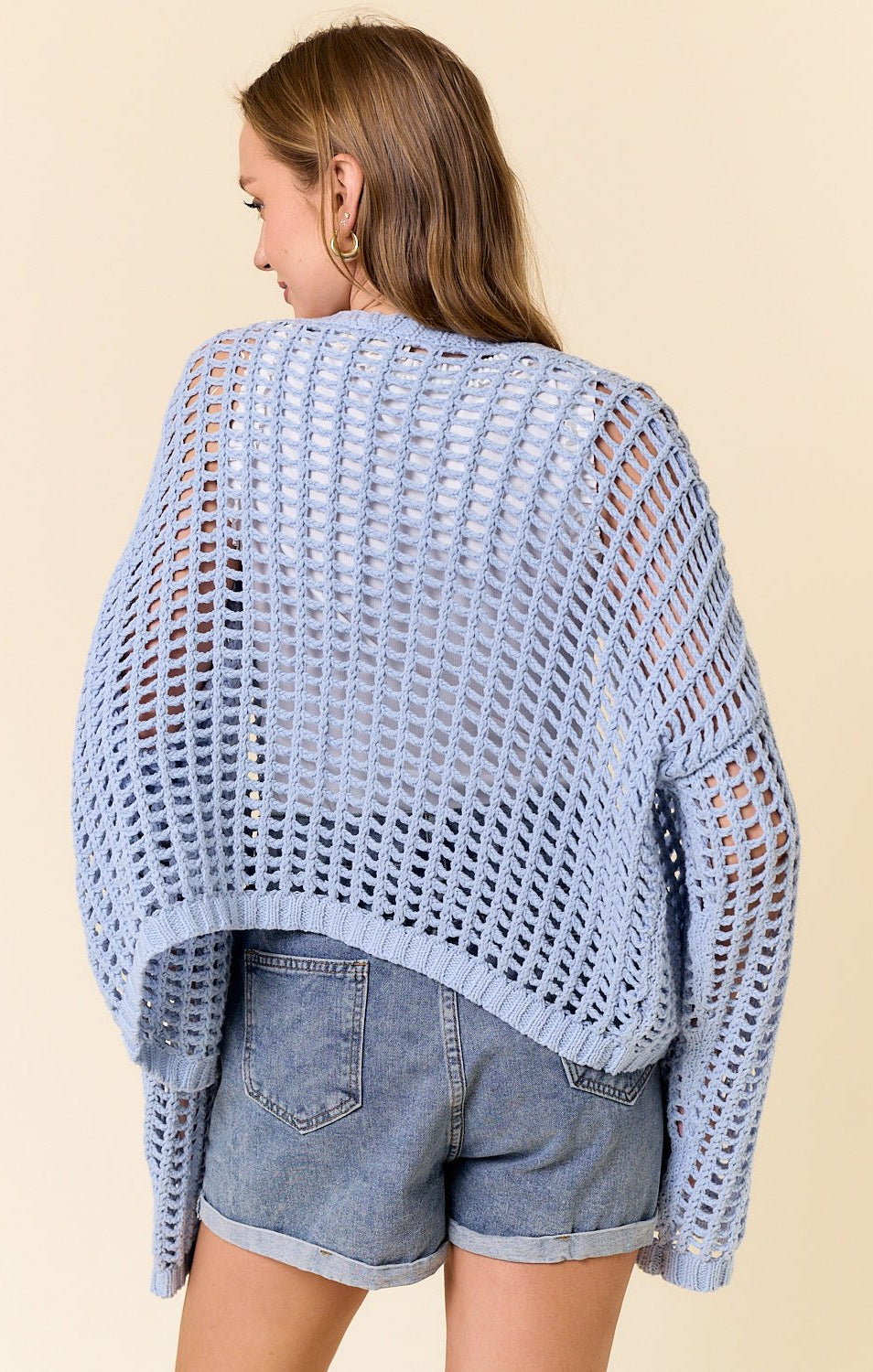 Crochet Fishnet Cropped Cardigan - Powder Blue - happenstance.