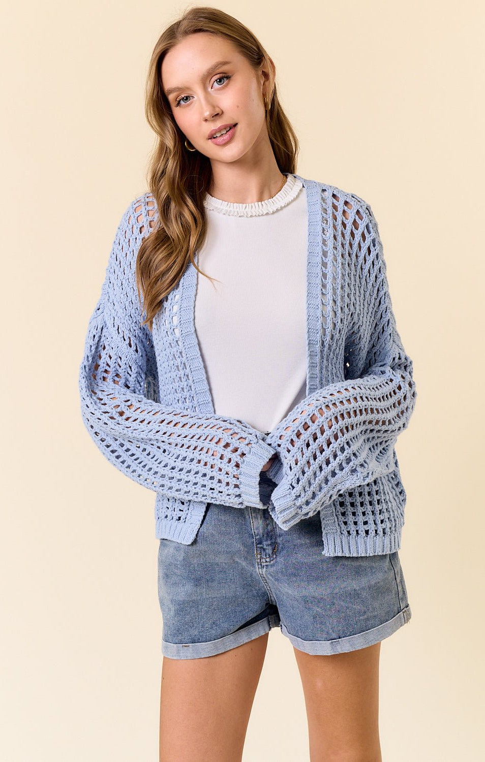 Crochet Fishnet Cropped Cardigan - Powder Blue - happenstance.