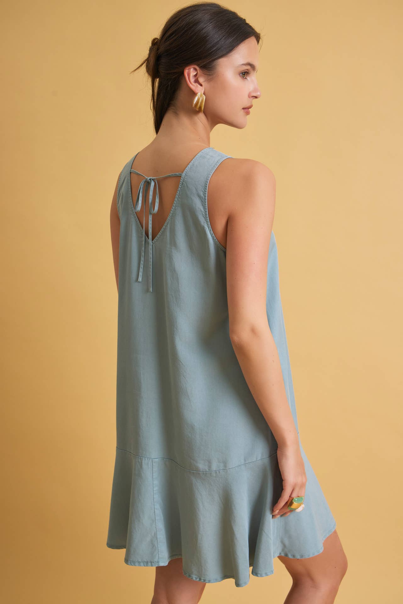 Ruffle Hem Tencel Mini Dress - Ocean Blue - happenstance.