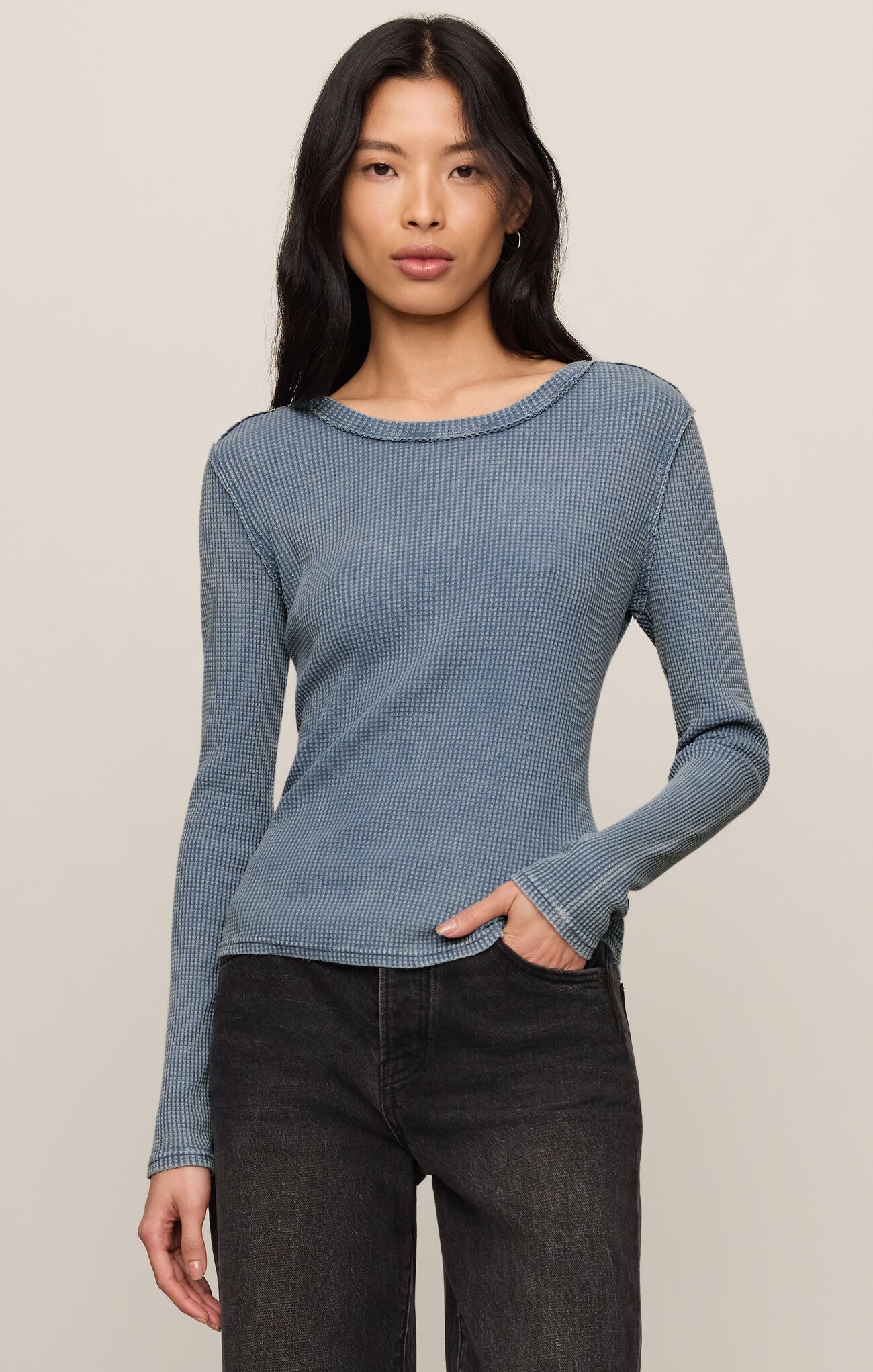 Blue long sleeve waffle thermal top