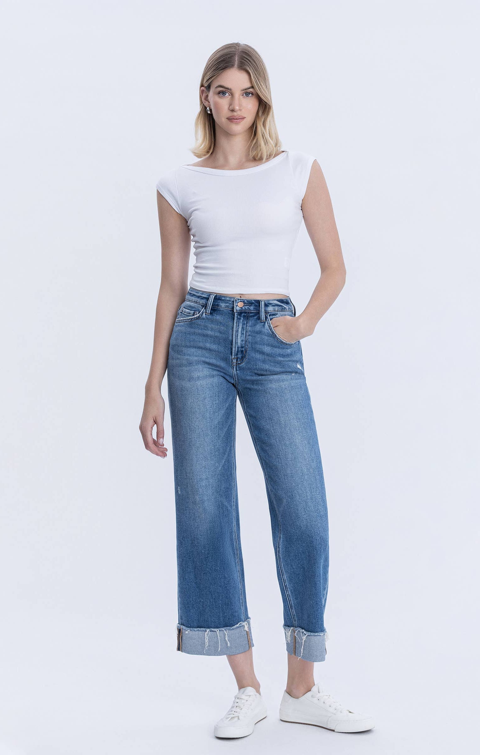 Flying Monkey - High Rise Raw Cuffed Hem Slim Wide Leg - Eclipse - happenstance.