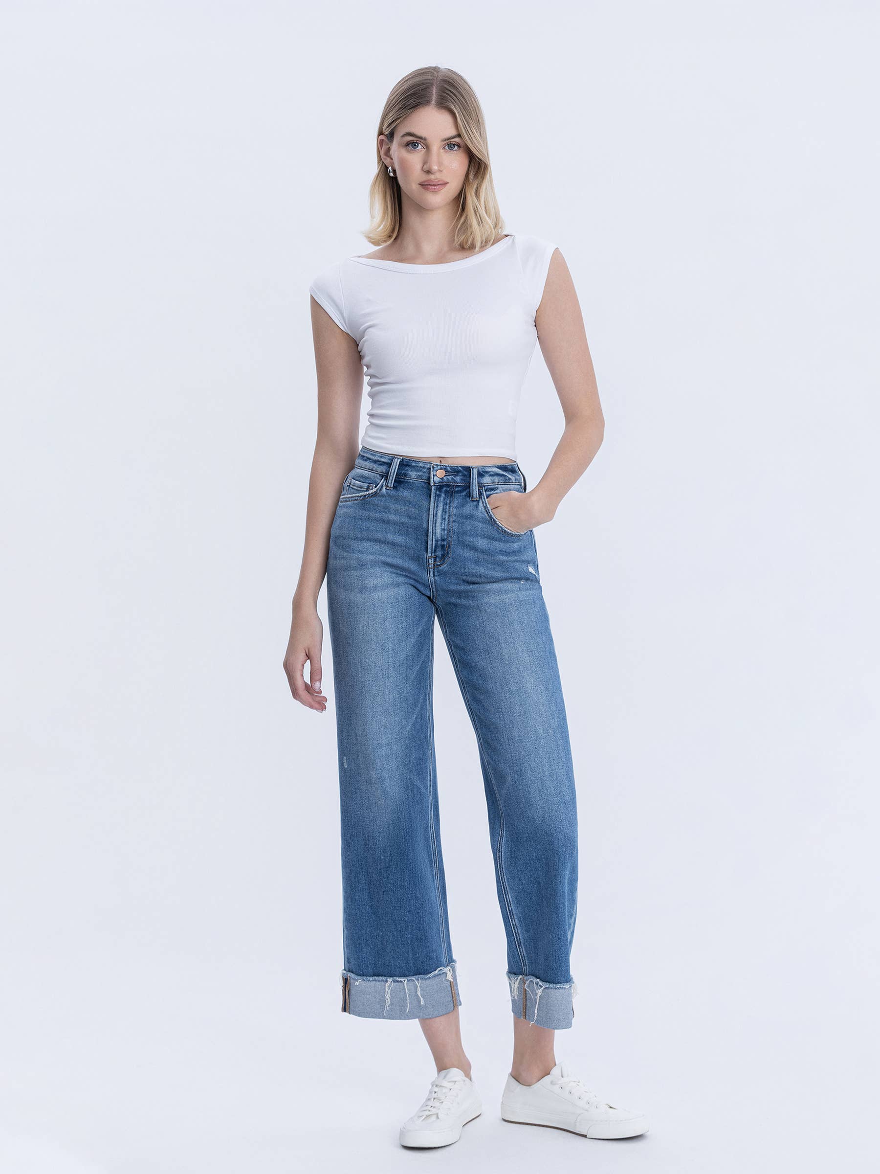 Flying Monkey - High Rise Raw Cuffed Hem Slim Wide Leg - Eclipse - happenstance.