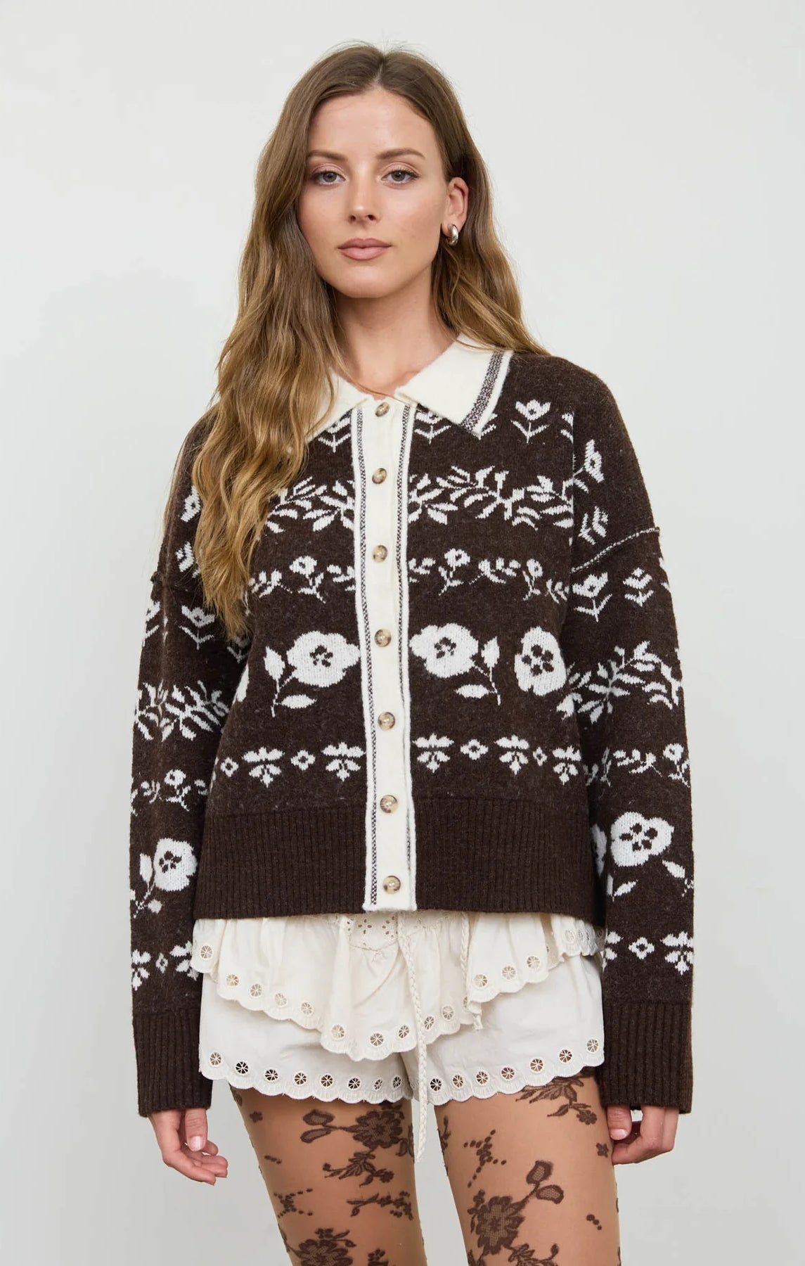 Brown floral collared cardigan