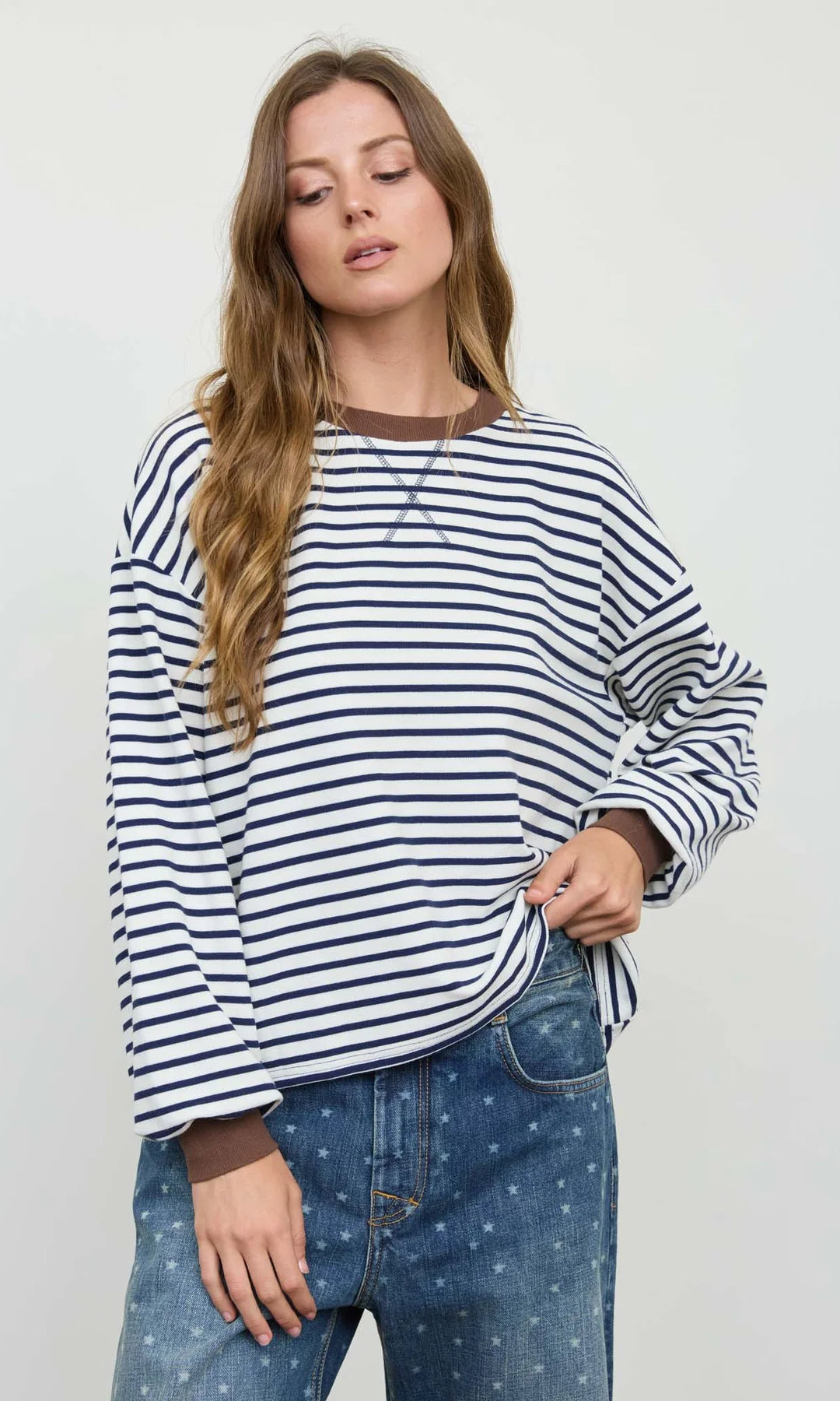 White and navy striped long sleeve top