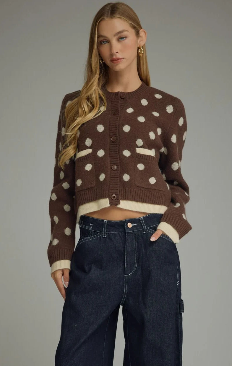 Brown polka dot long sleeve cardigan