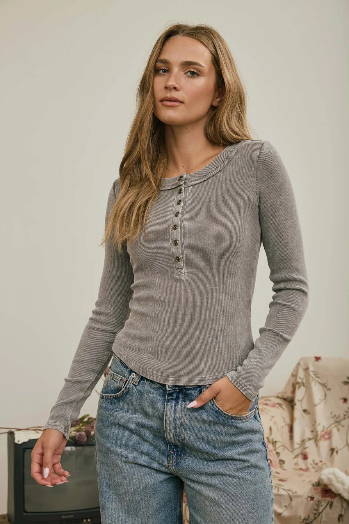 Grey Henley knit long sleeve top