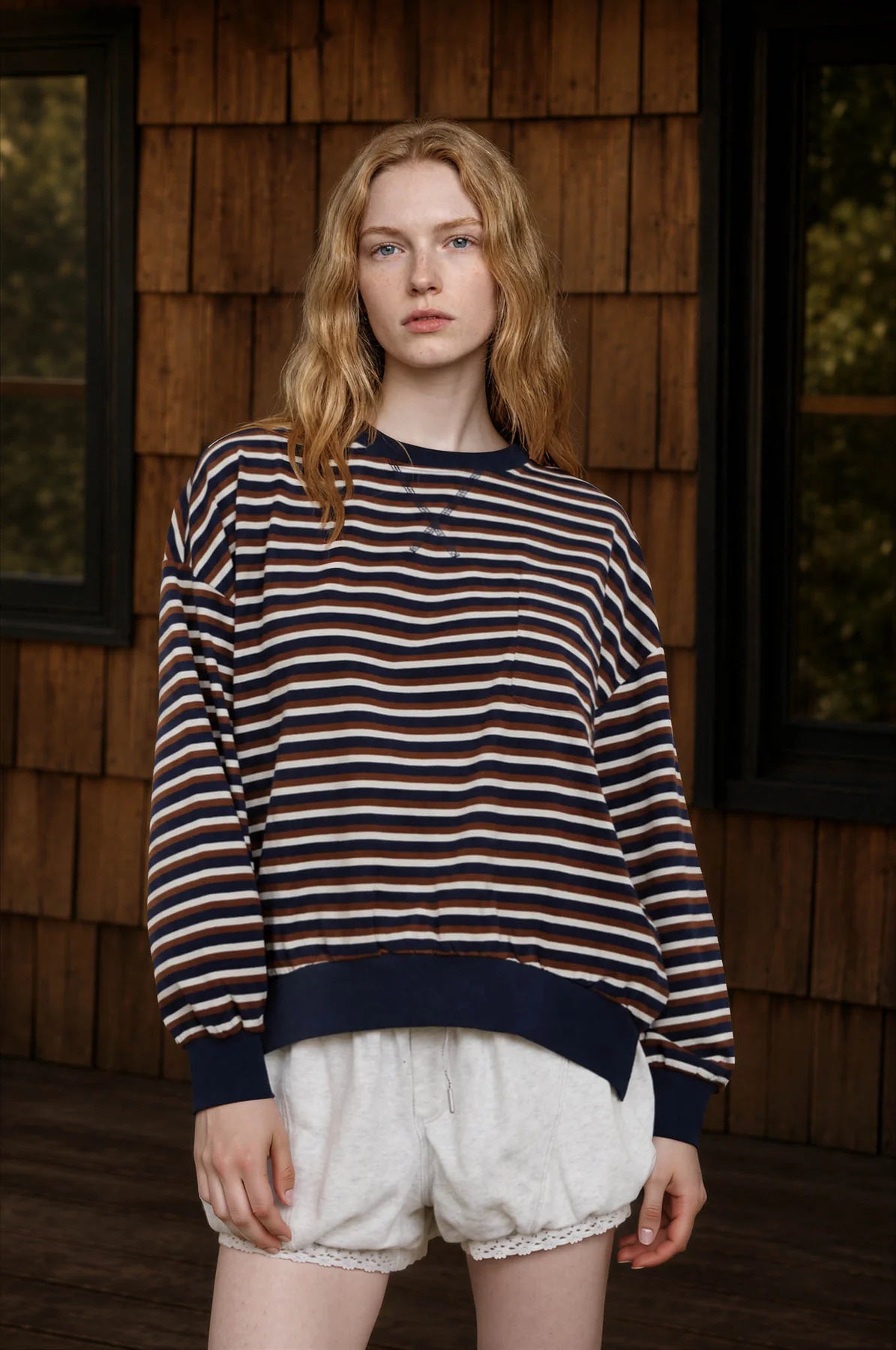 Navy striped crew neck sweatshirt