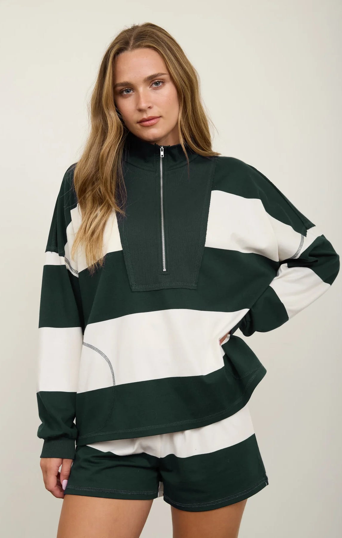 Green stripe quarter zip sweatshirt