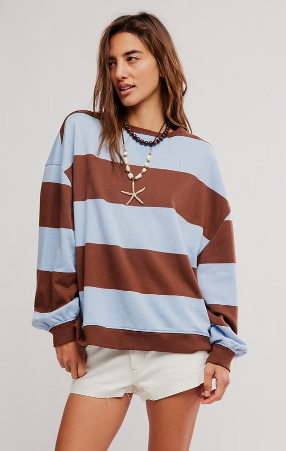 Blue and brown striped crew neck