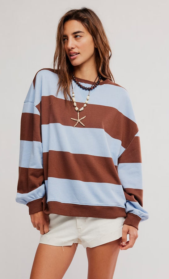 Blue and brown striped crew neck