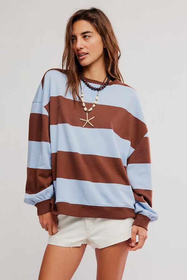 Blue and brown striped crew neck
