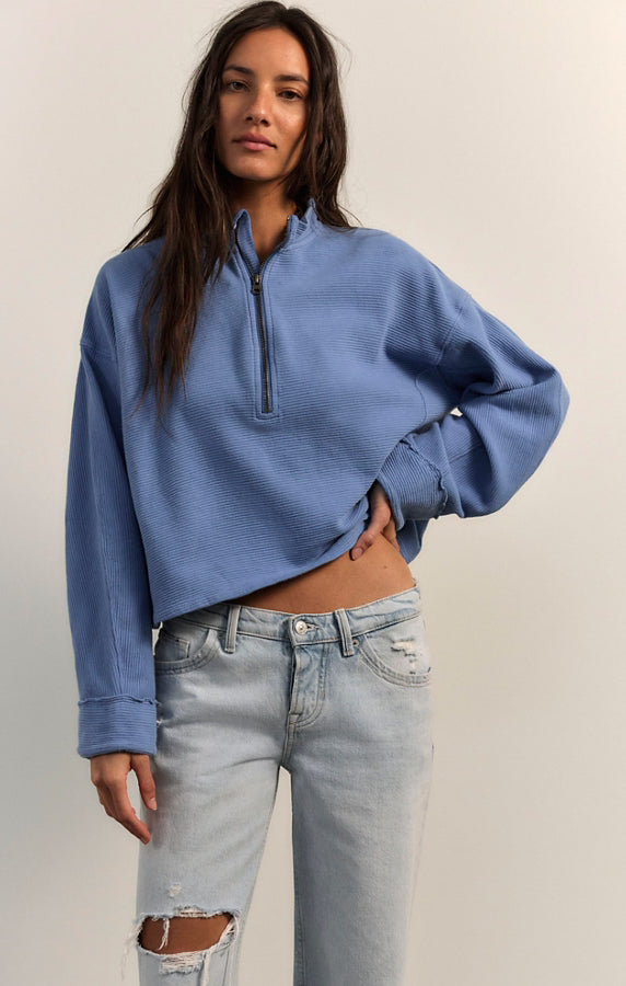 Blue cropped quarter zip sweatshirt