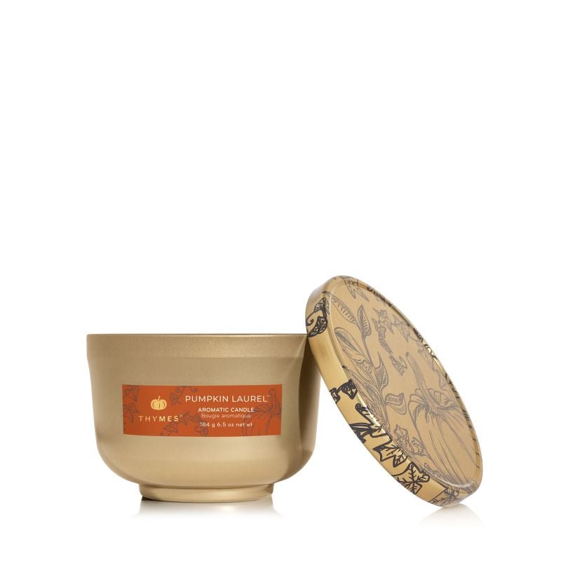 Thymes - Pumpkin Laurel Poured Candle Tin, Gold Lid - happenstance.