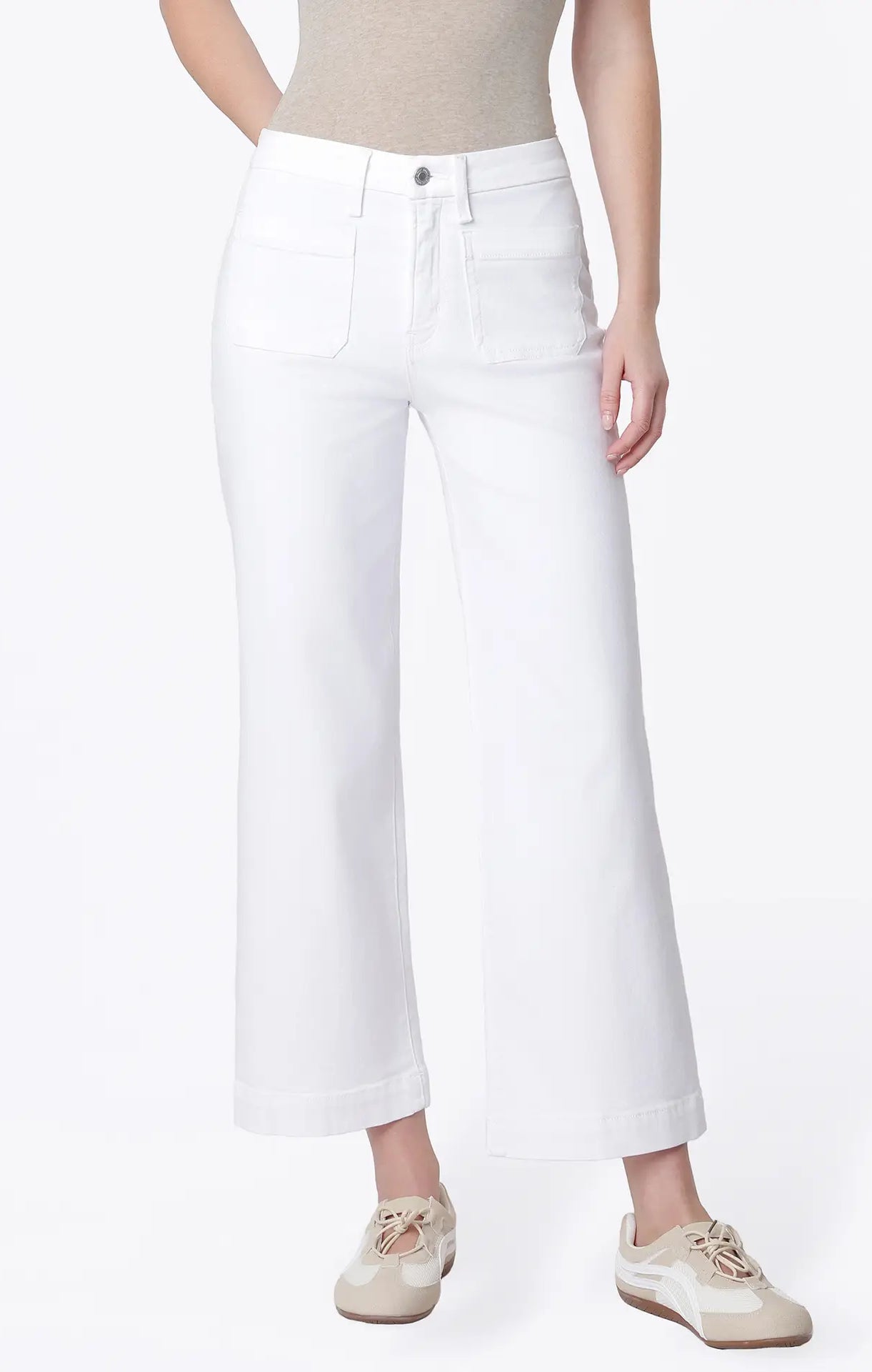 High Rise Patch Pocket Wide Leg Jeans - Optic White - happenstance.
