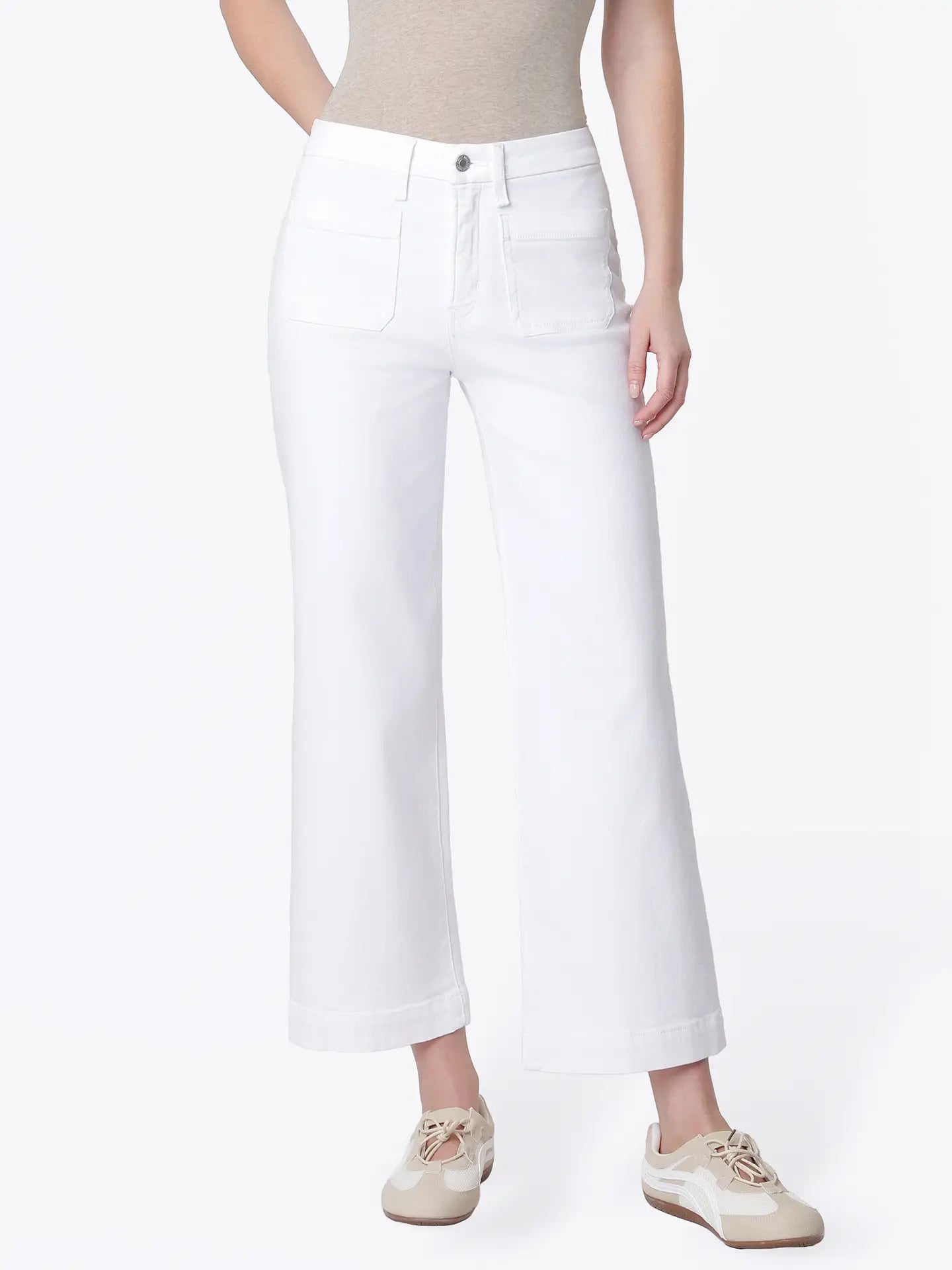 High Rise Patch Pocket Wide Leg Jeans - Optic White - happenstance.