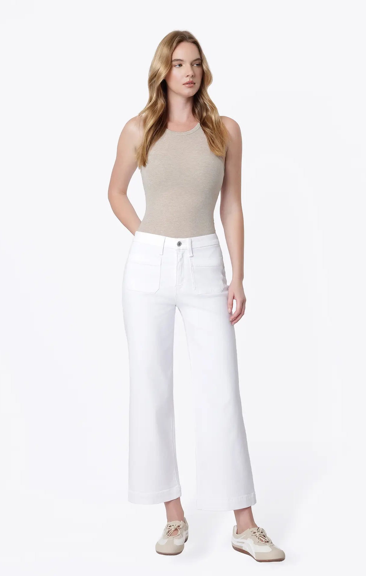 High Rise Patch Pocket Wide Leg Jeans - Optic White - happenstance.