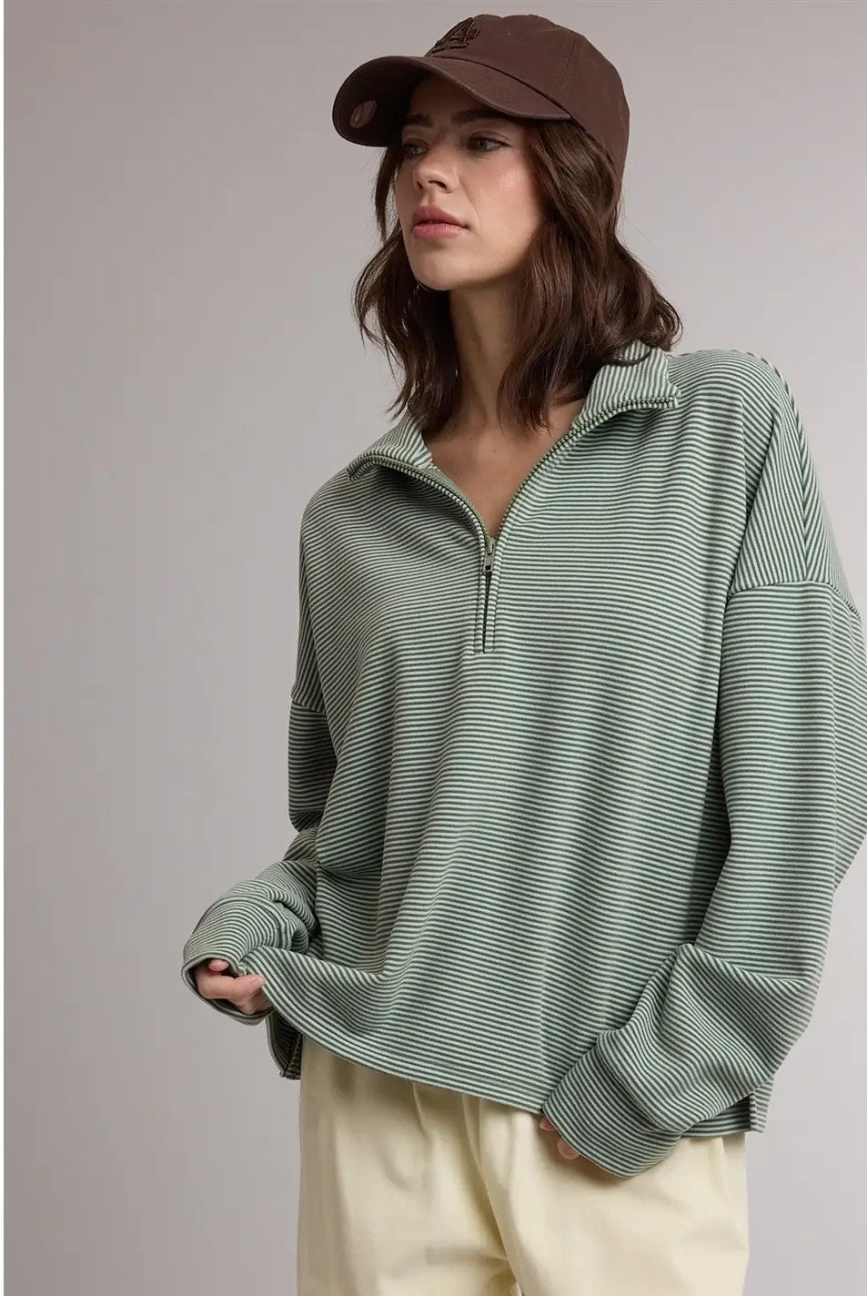 Green striped quarter zip sweatshirt