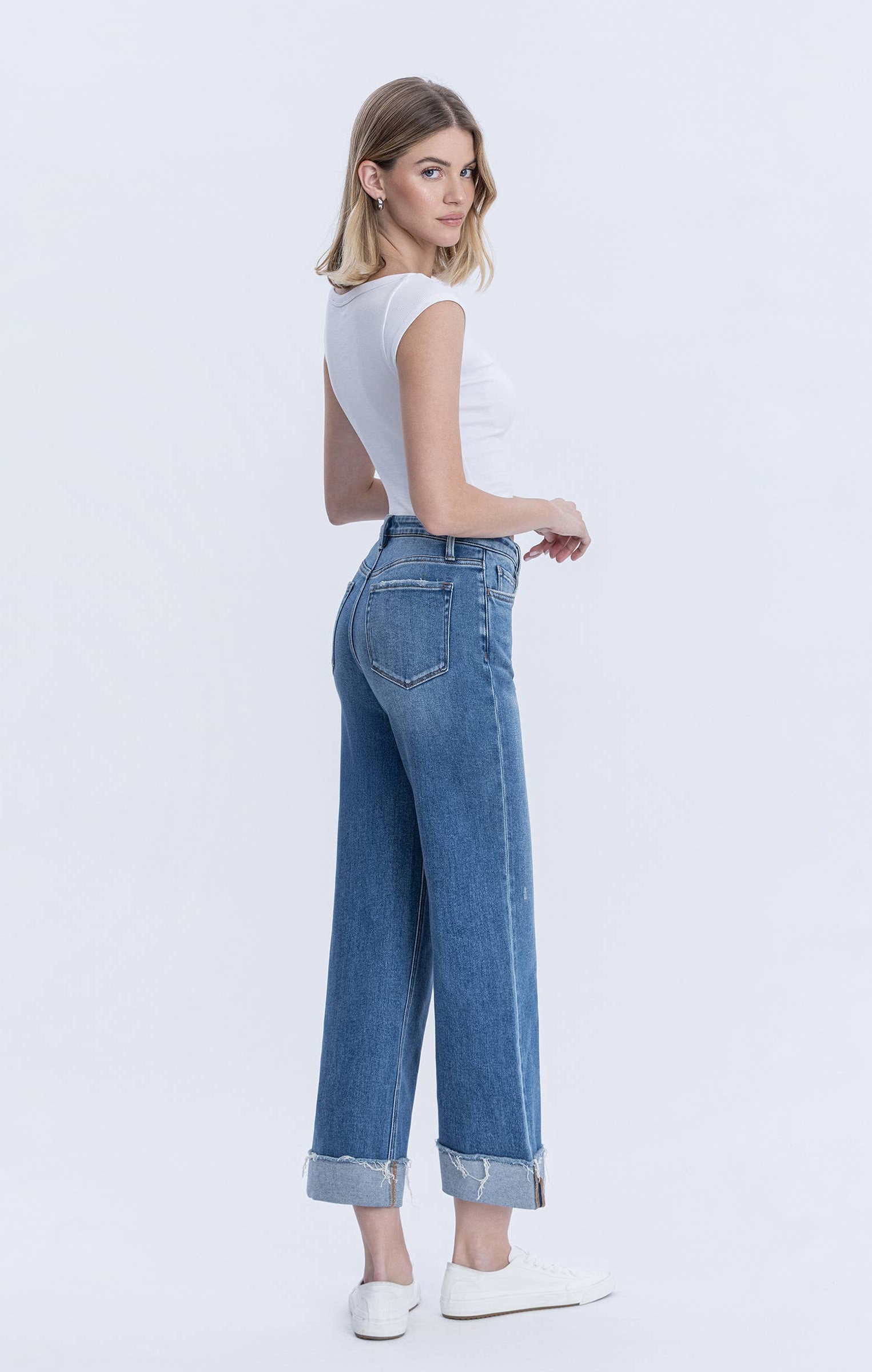 Flying Monkey - High Rise Raw Cuffed Hem Slim Wide Leg - Eclipse - happenstance.