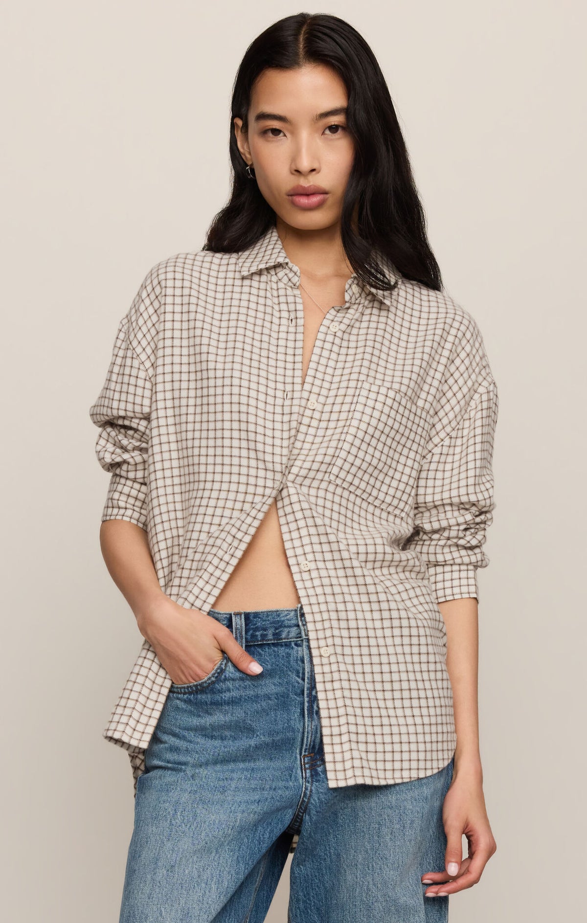 Brown and white Plaid long sleeve button up