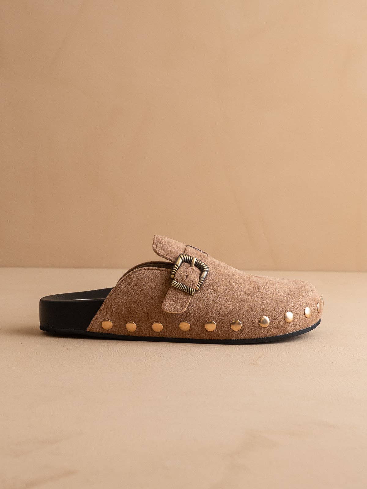 Brown studded buckle clog