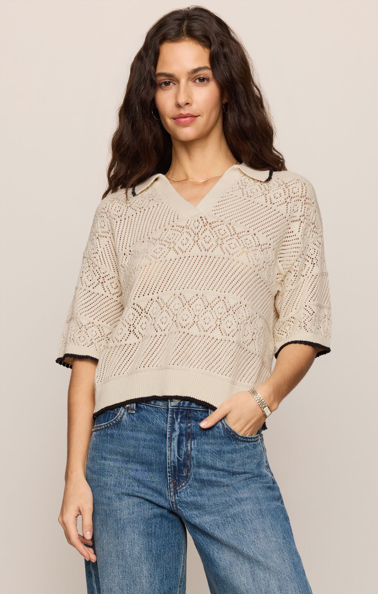 Z Supply - Denman Crochet Polo Sweater - Sandstone - happenstance.