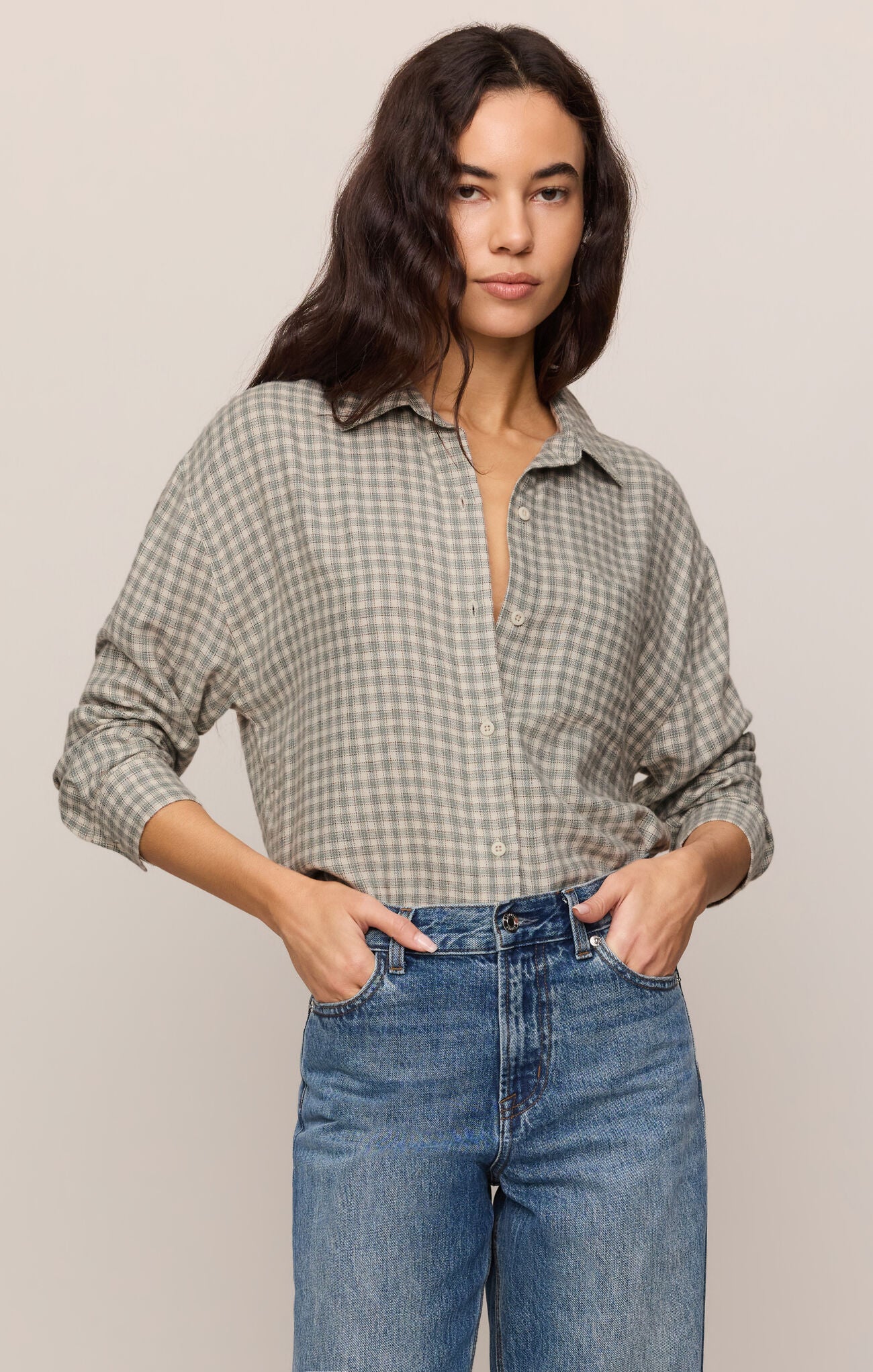 Grey Plaid Button Up Top