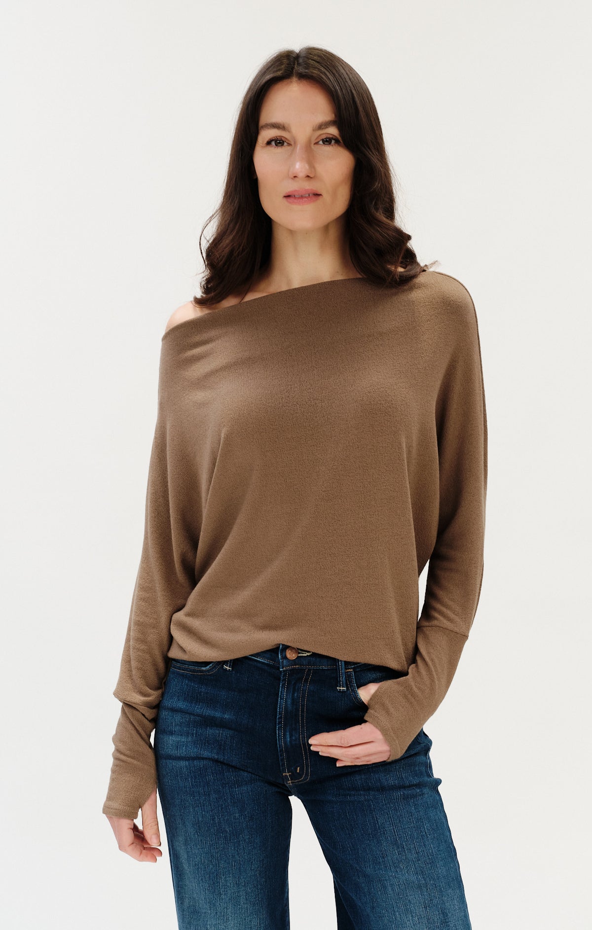 Brown off shoulder long sleeve top