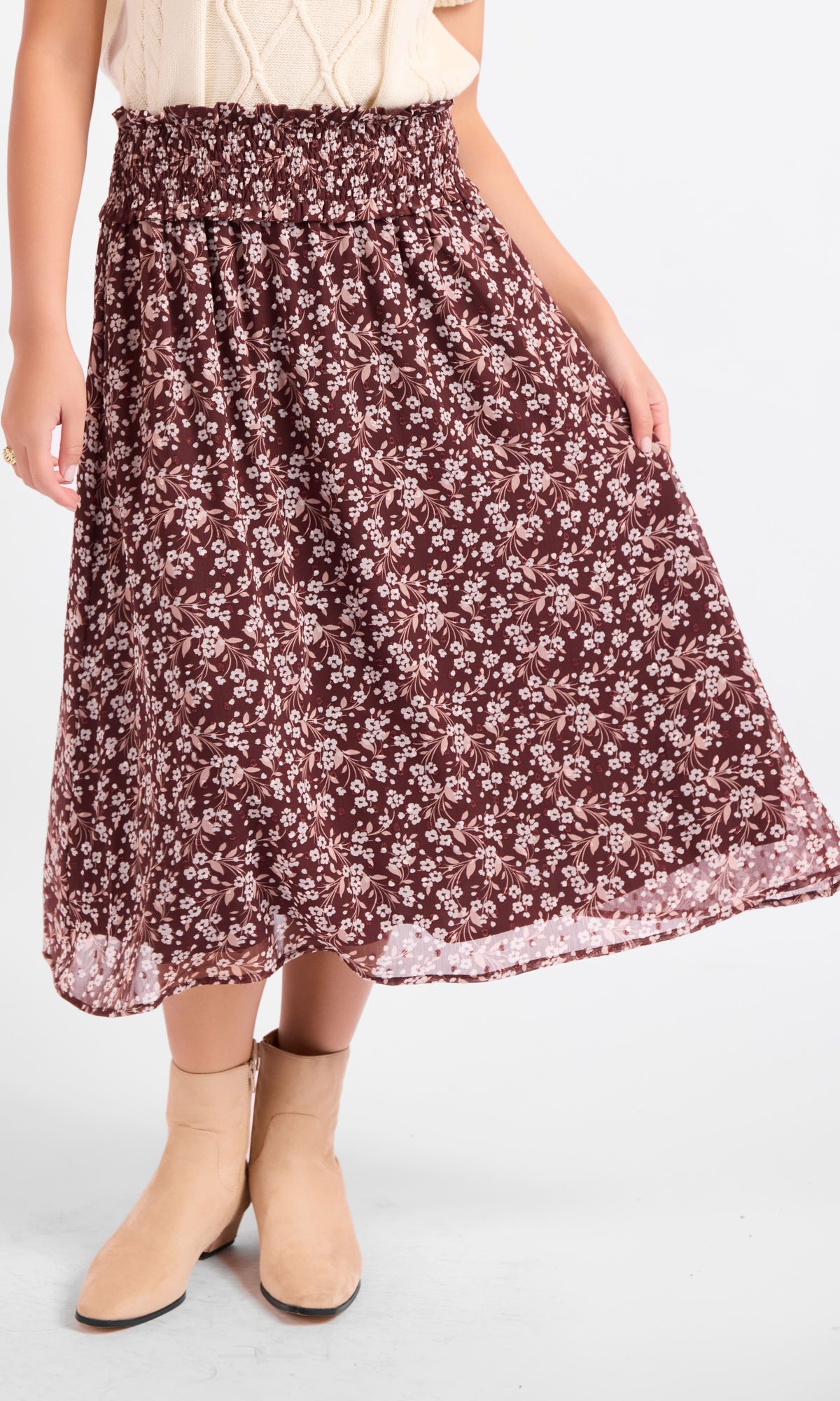 Brown floral midi skirt