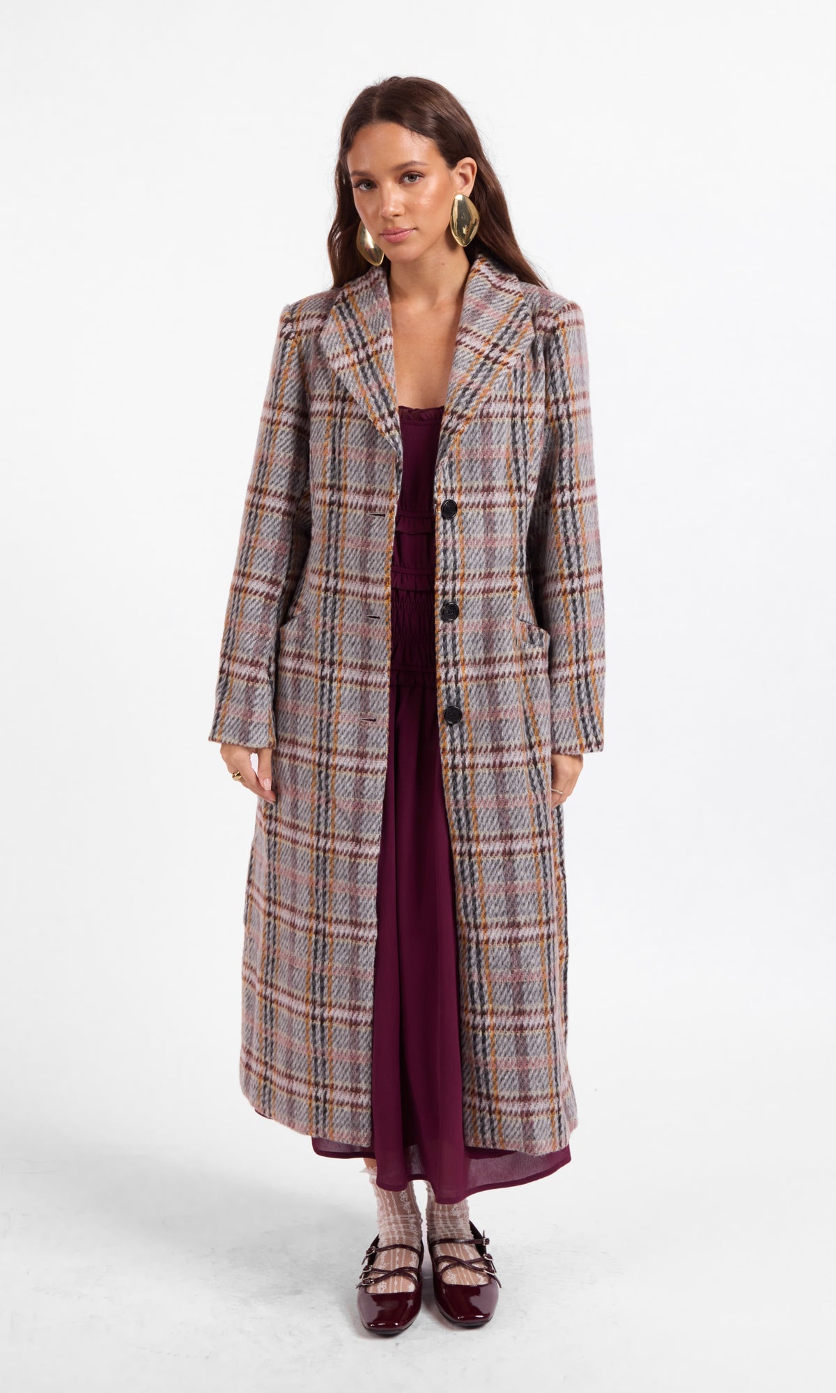 Grey plaid full length coat