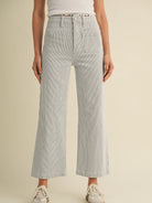 Light gray striped wide-leg pants.