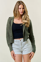 Zip - Up Pointelle Open Knit Sweater Jacket - Olive - happenstance.