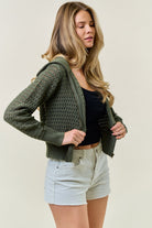 Zip - Up Pointelle Open Knit Sweater Jacket - Olive - happenstance.