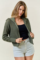 Zip - Up Pointelle Open Knit Sweater Jacket - Olive - happenstance.