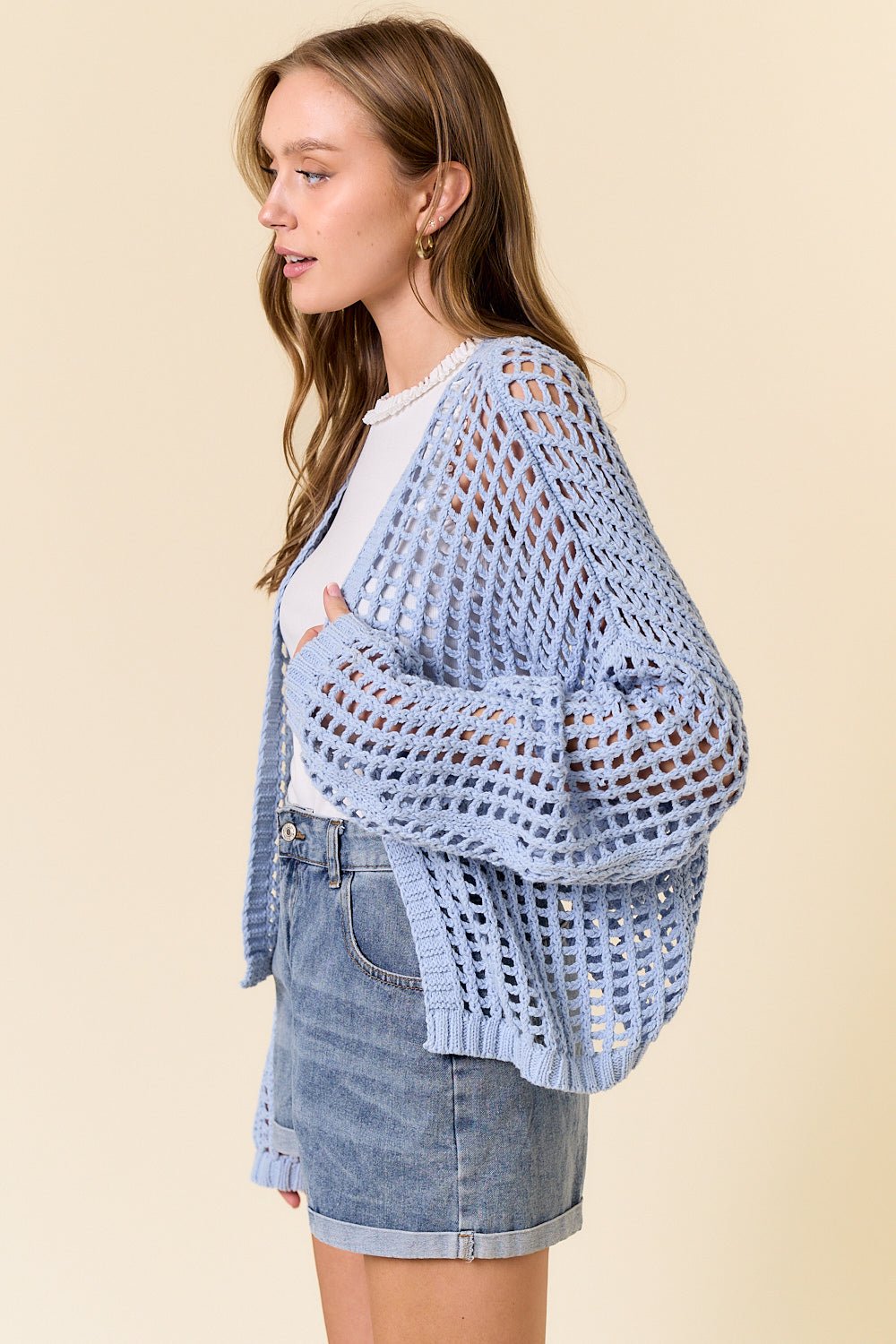 Crochet Fishnet Cropped Cardigan - Powder Blue - happenstance.