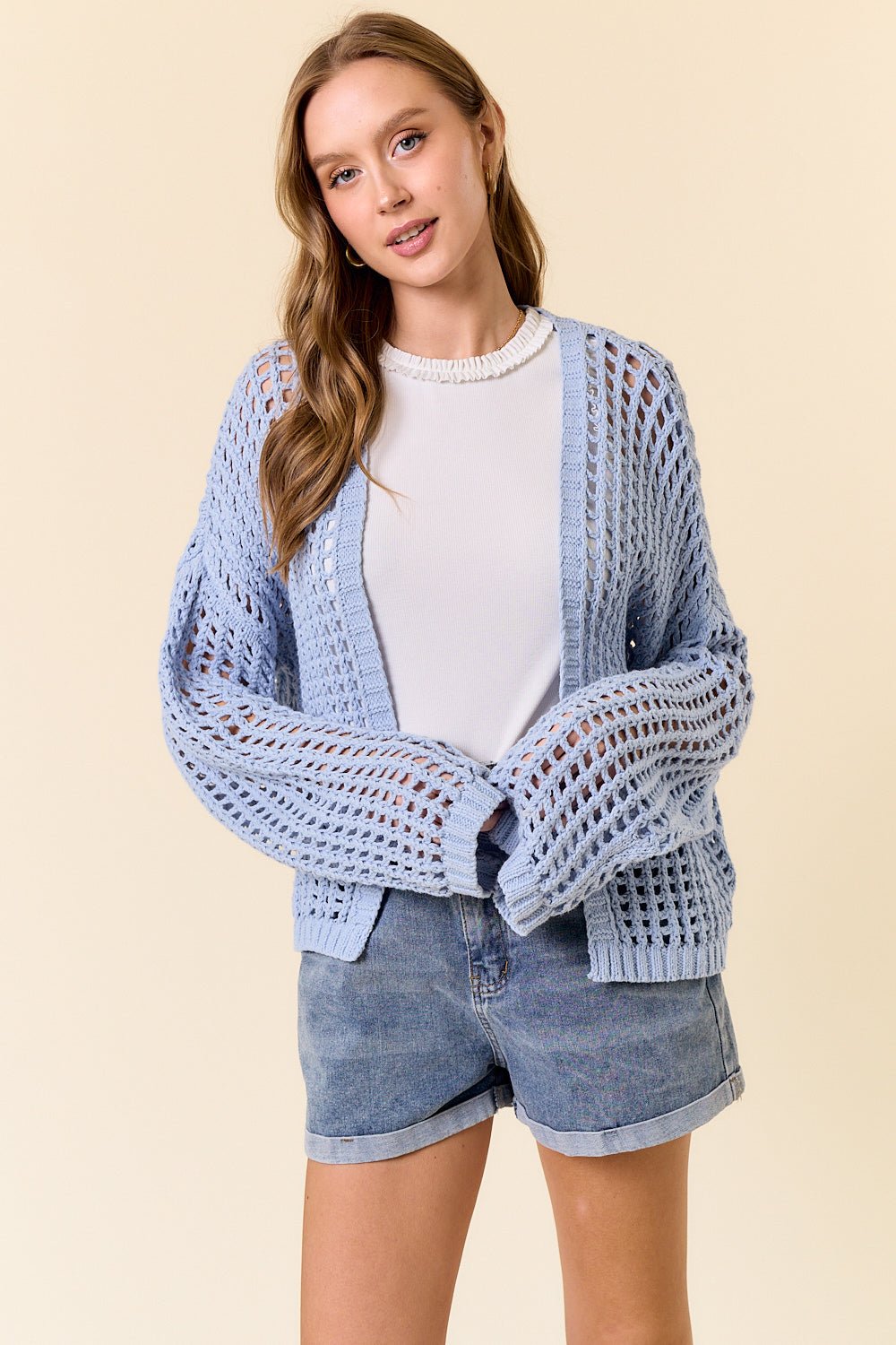 Crochet Fishnet Cropped Cardigan - Powder Blue - happenstance.