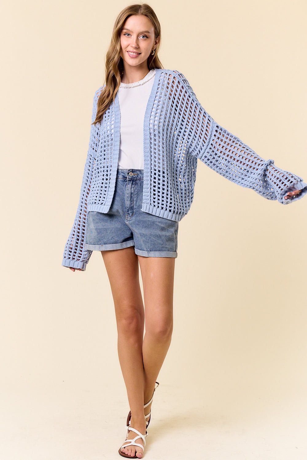 Crochet Fishnet Cropped Cardigan - Powder Blue - happenstance.