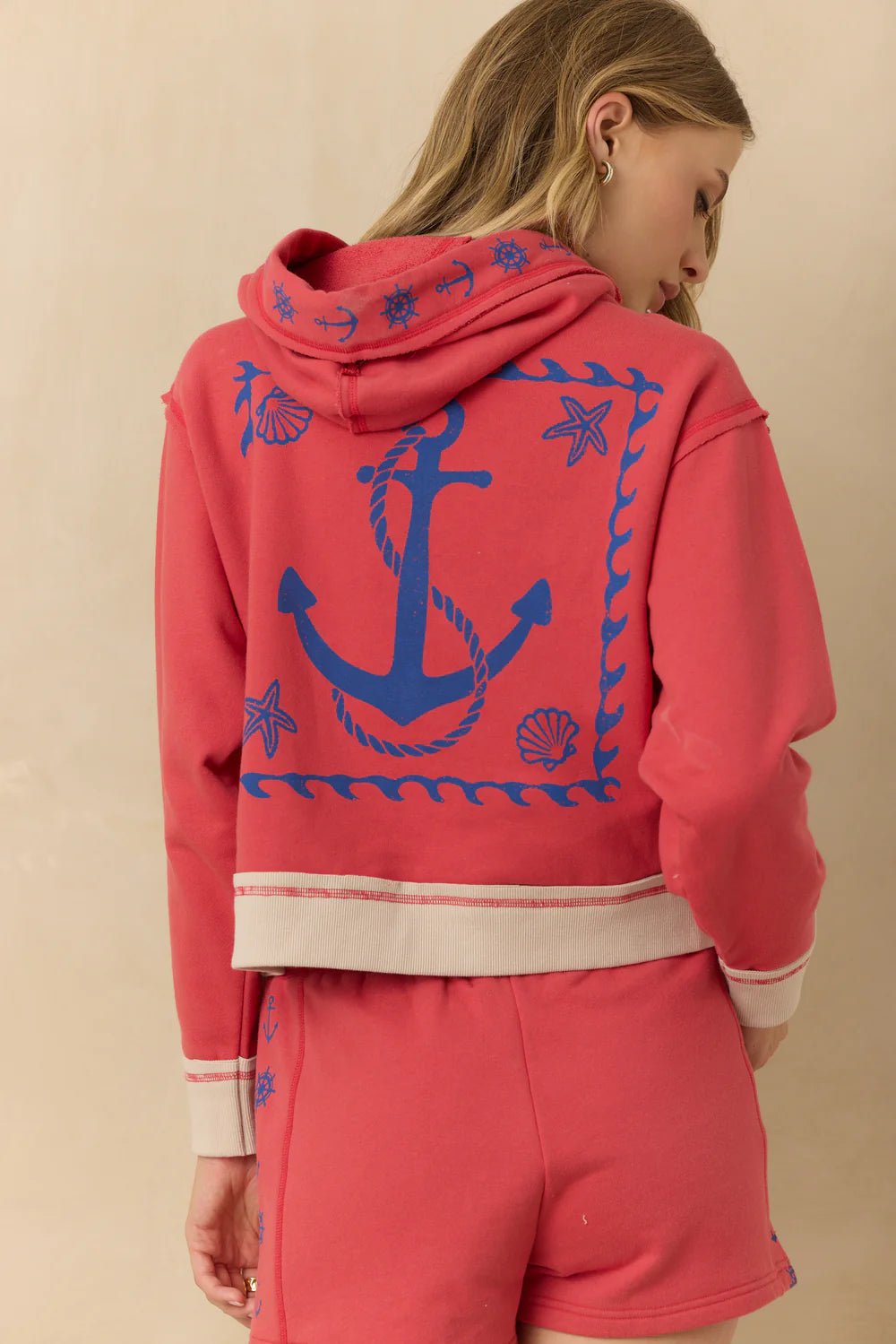 Terry Nautical Blue Print Hoodie - Faded Red - happenstance.