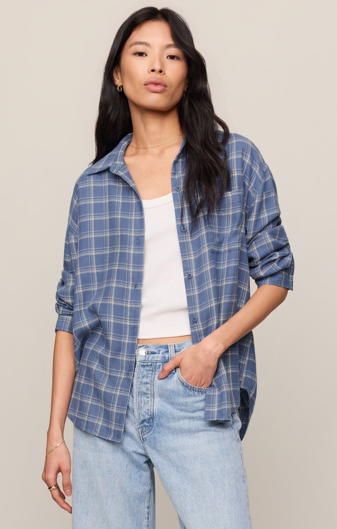 Blue plaid button up top 