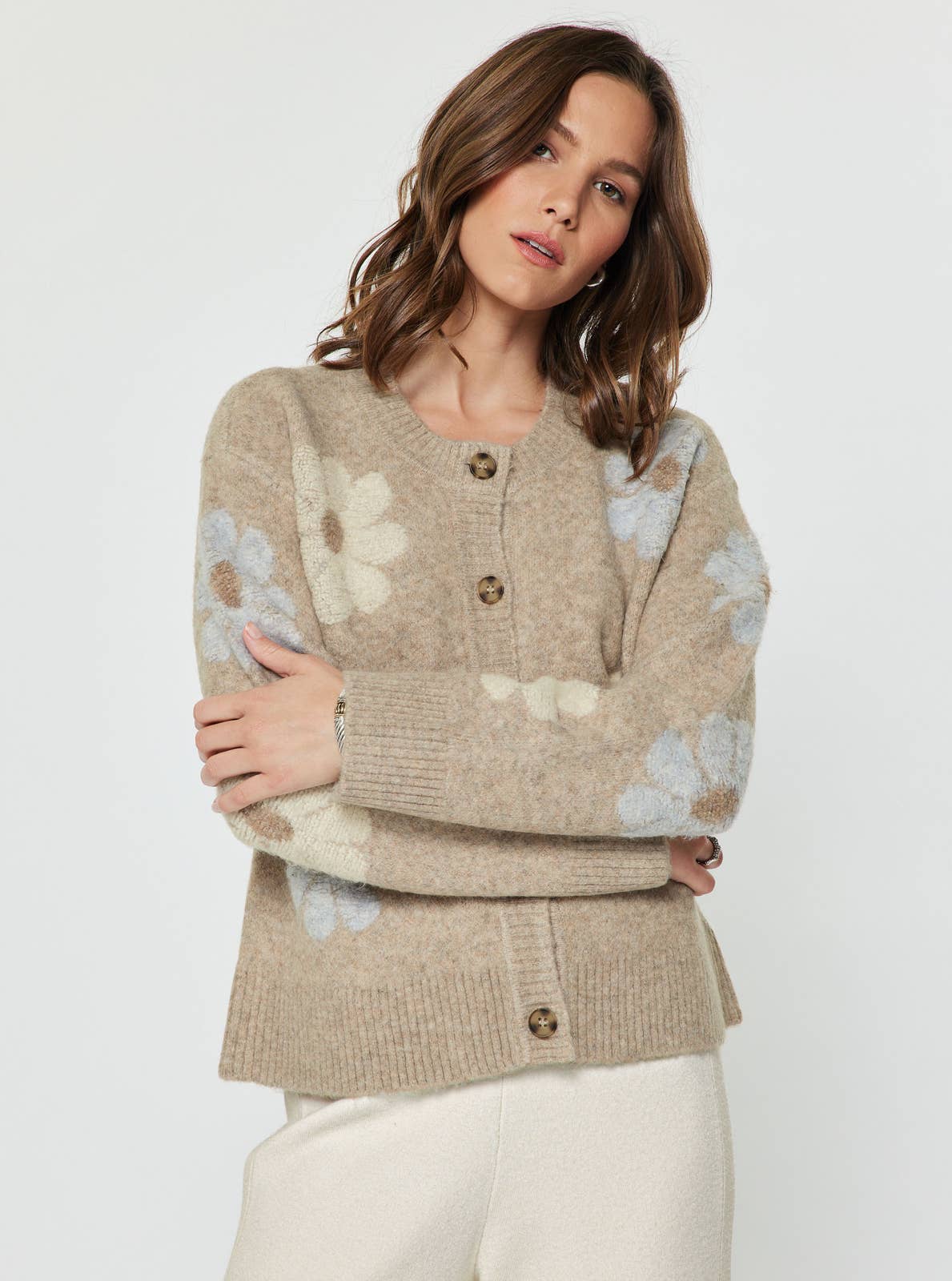 Tan floral button up cardigan 