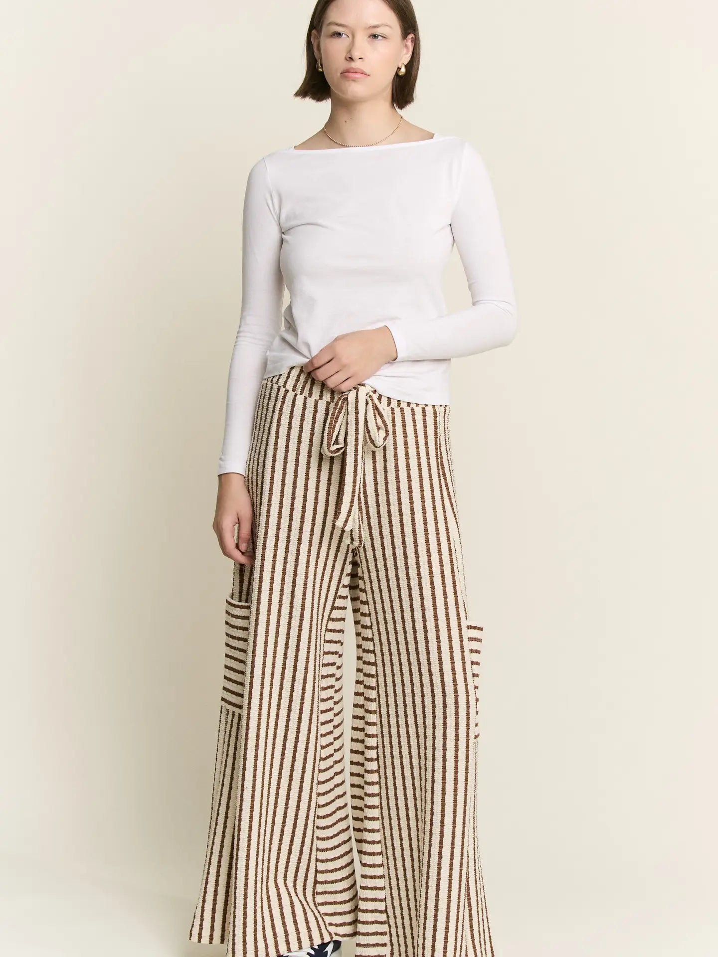 Luna Textured Stripe Wide - Leg Pants - Cream & Mocha - happenstance.