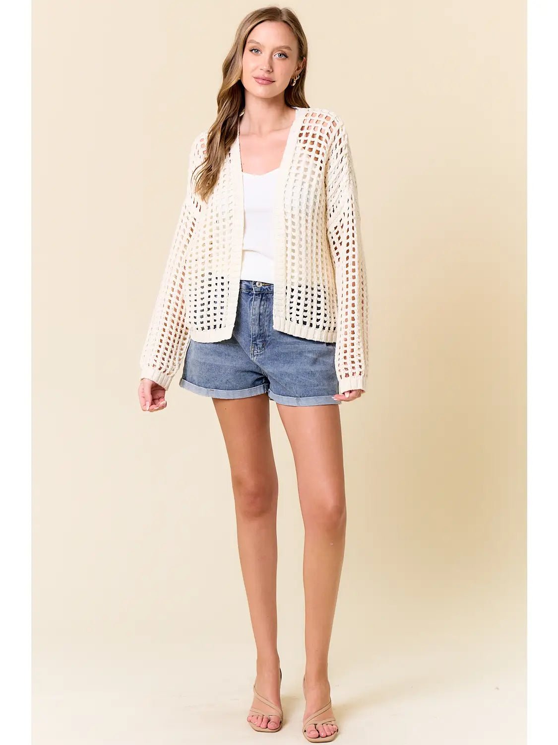 Crochet Fishnet Cropped Cardigan - Off White - happenstance.