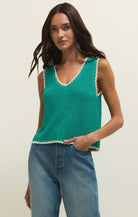 Teal v-neck tank top with white trim 