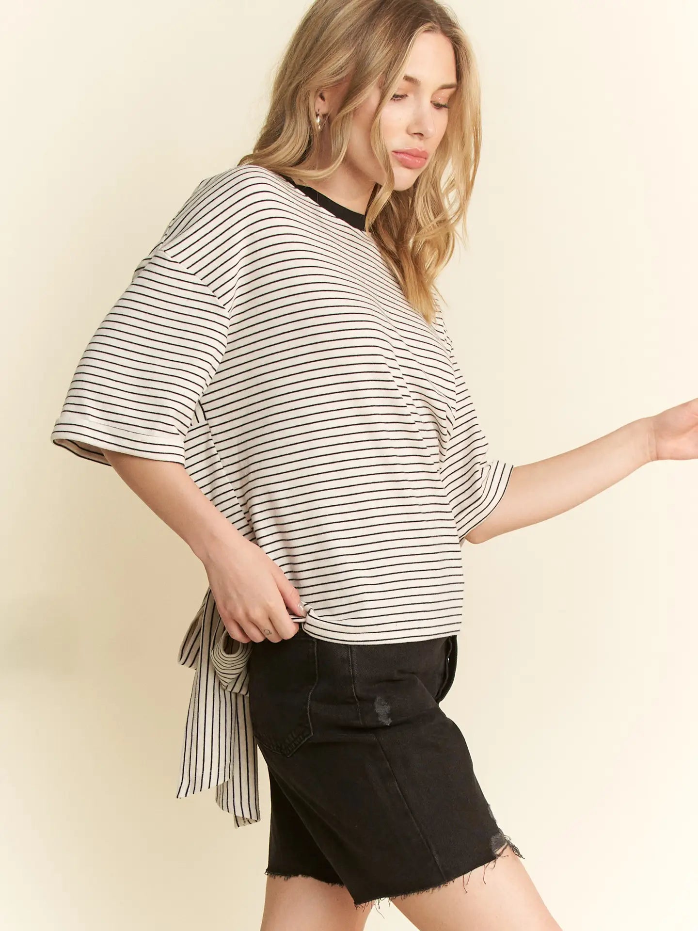 Tie - Back Knit Top - Oatmeal & Navy - happenstance.