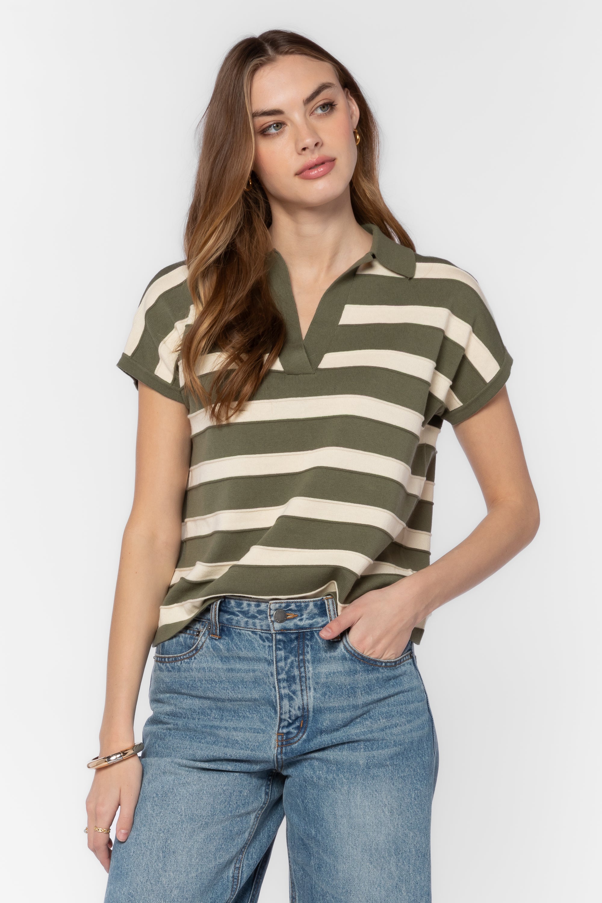 Olive stripe short sleeve sweater 