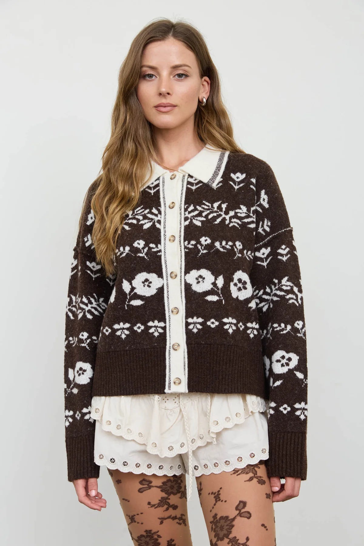 Brown floral collared cardigan 