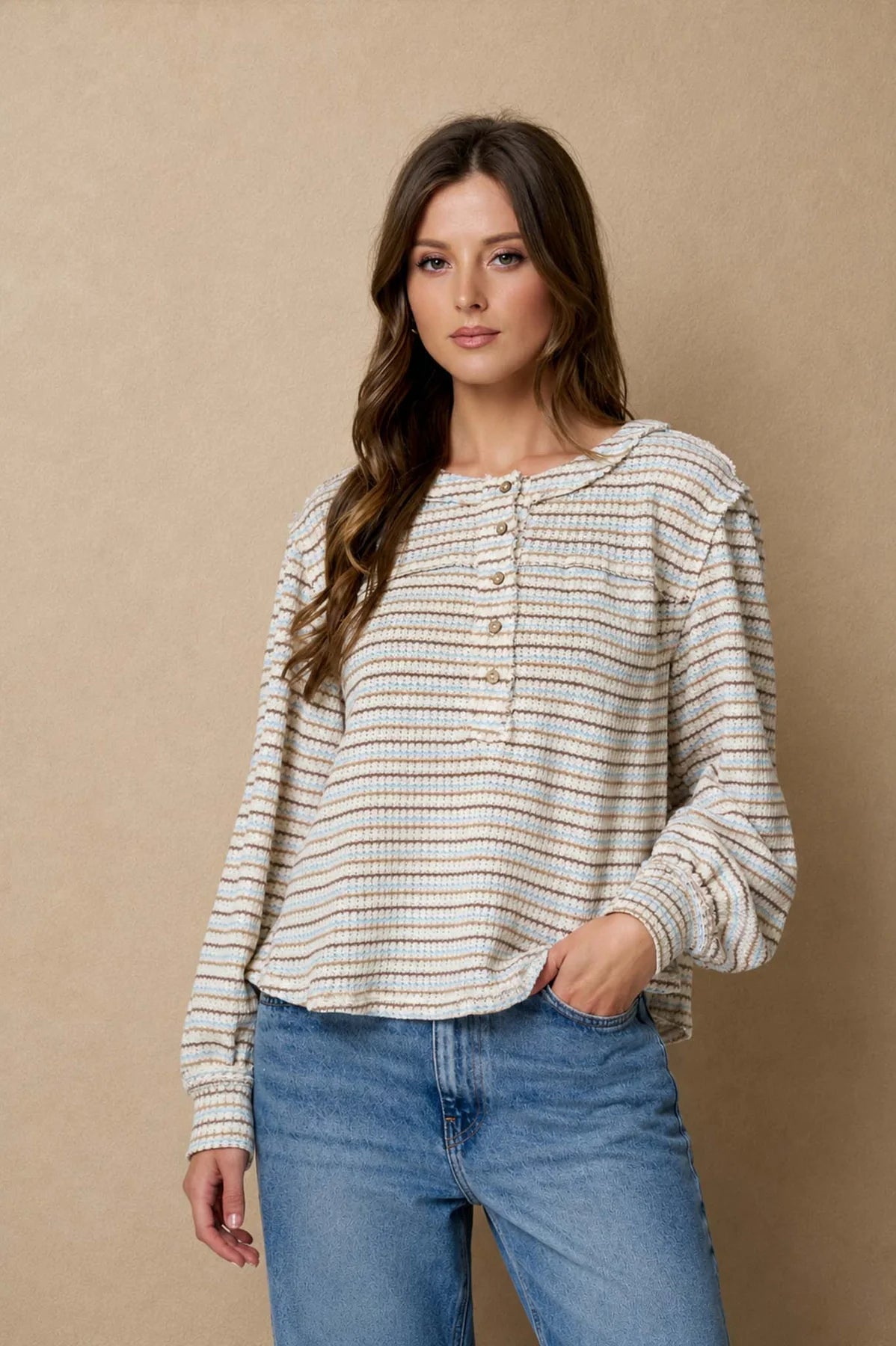 Blue striped henley long sleeve top 