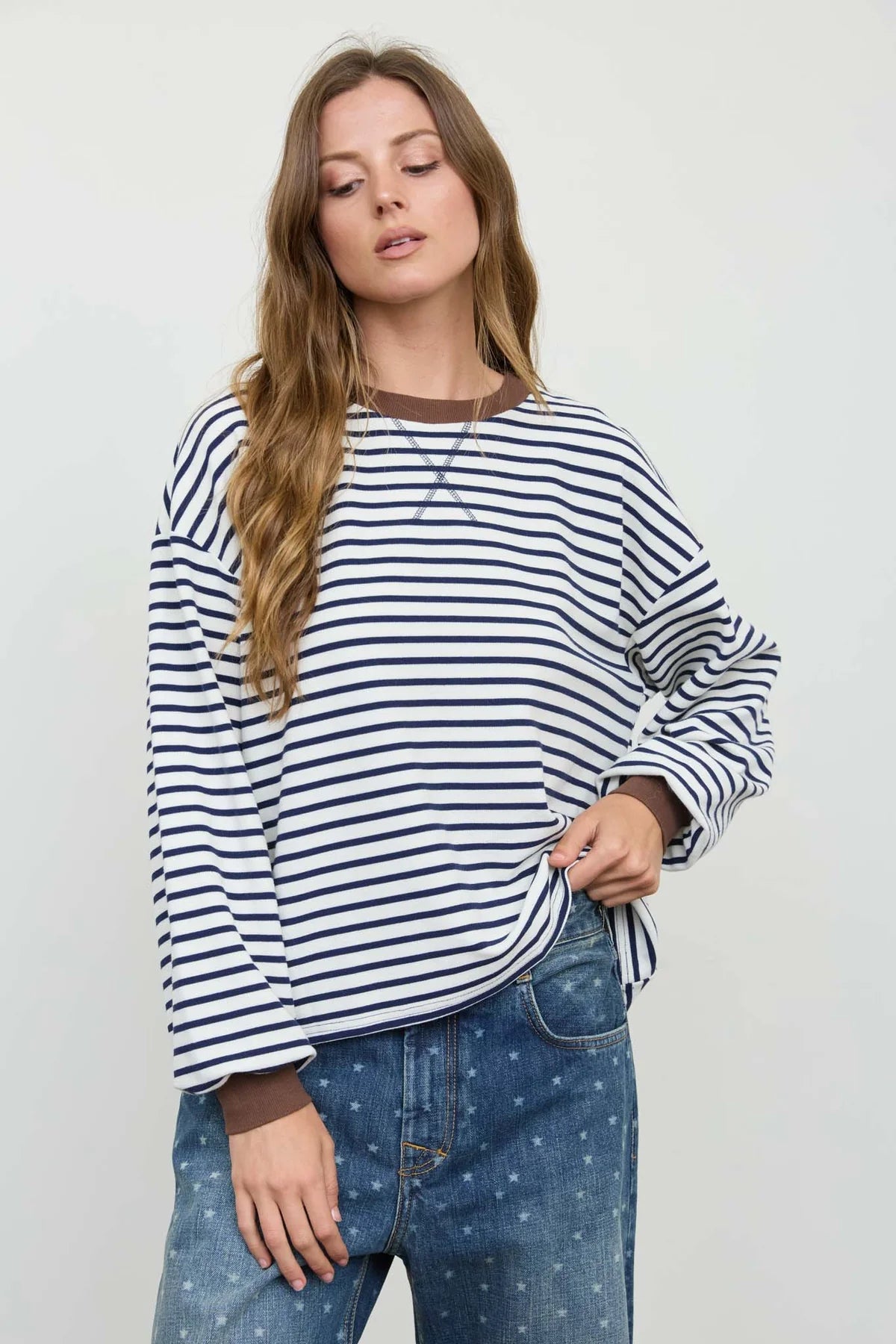 White and navy striped long sleeve top