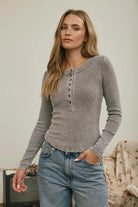 Grey Henley knit long sleeve top 