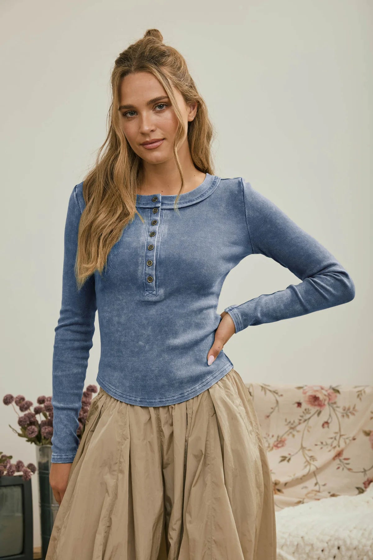 Blue ribbed henley long sleeve top 